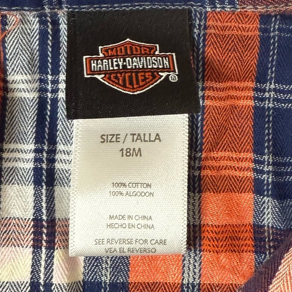 Harley Davidson Orange Blue Plaid Long Sleeve Snap Closure Onesie Collar Sz 18 M - Picture 6 of 7